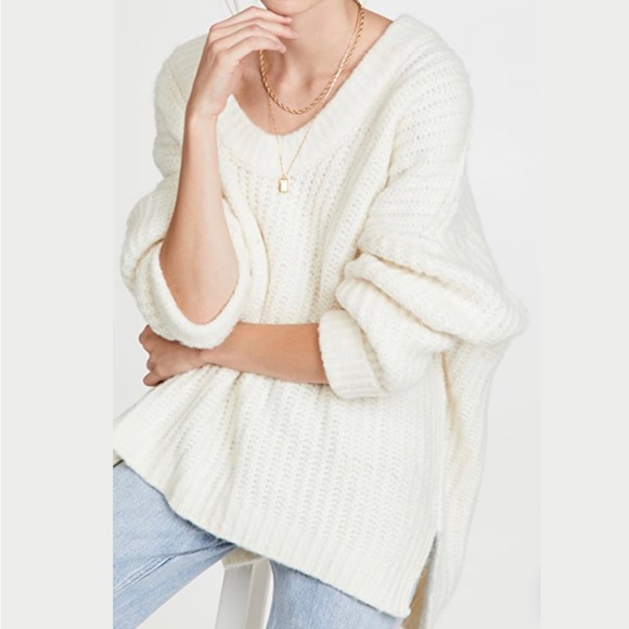 Free People Sweaters - NWT Free People Oversized Ivory Blue Bell V neck Chunky Sweater
